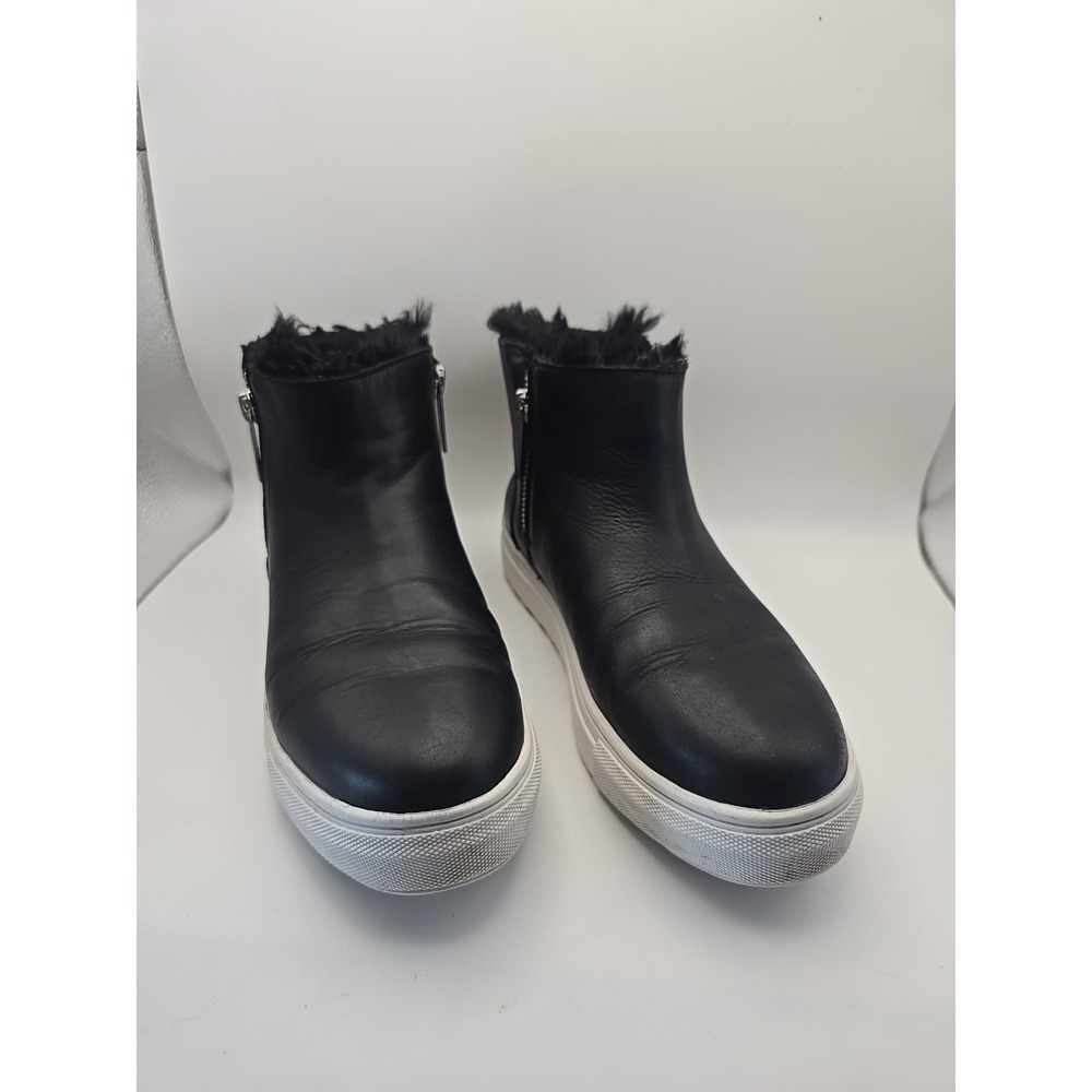 J/Slides Black Ankle Chukka Bootie Women 6M Leather Upper Faux Fur Zip Closure